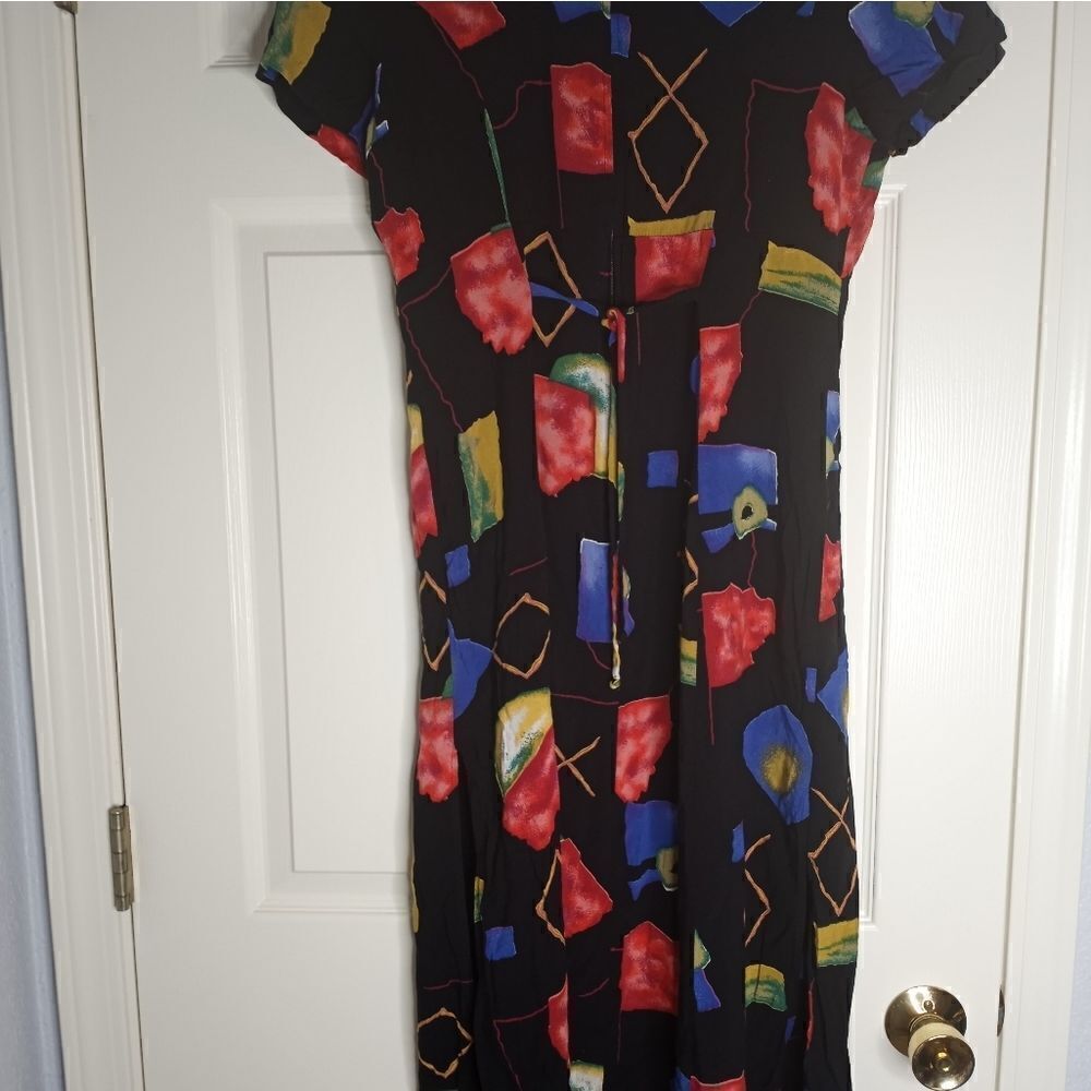 J.D. Stone 12 Black Multicolor Belt ShrtSlves SlitSides Rayon Women's Midi Dress - Picture 7 of 11